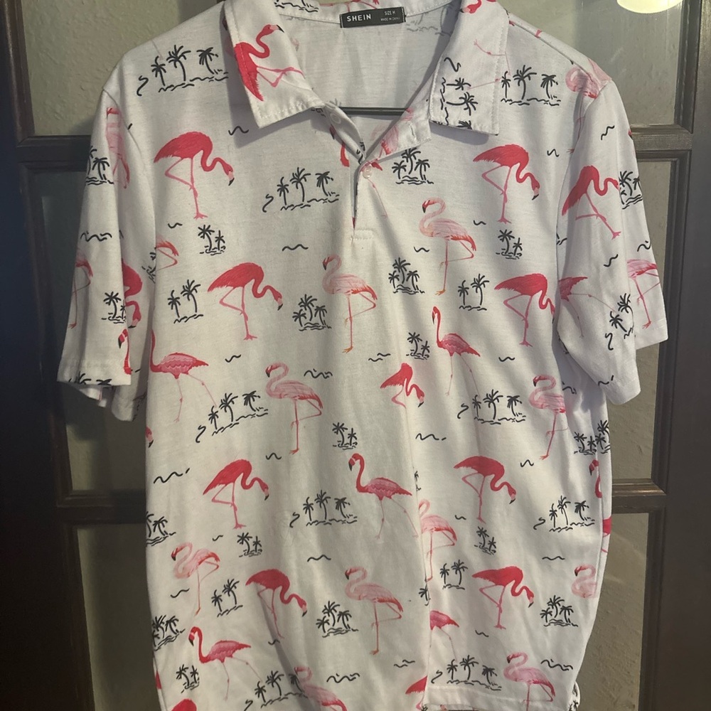 SHEIN White Polo Shirt with Pink Flamingo Print